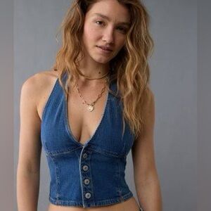 American Eagle Outfitters Denim Halter Button-Front Crop Top - Blue